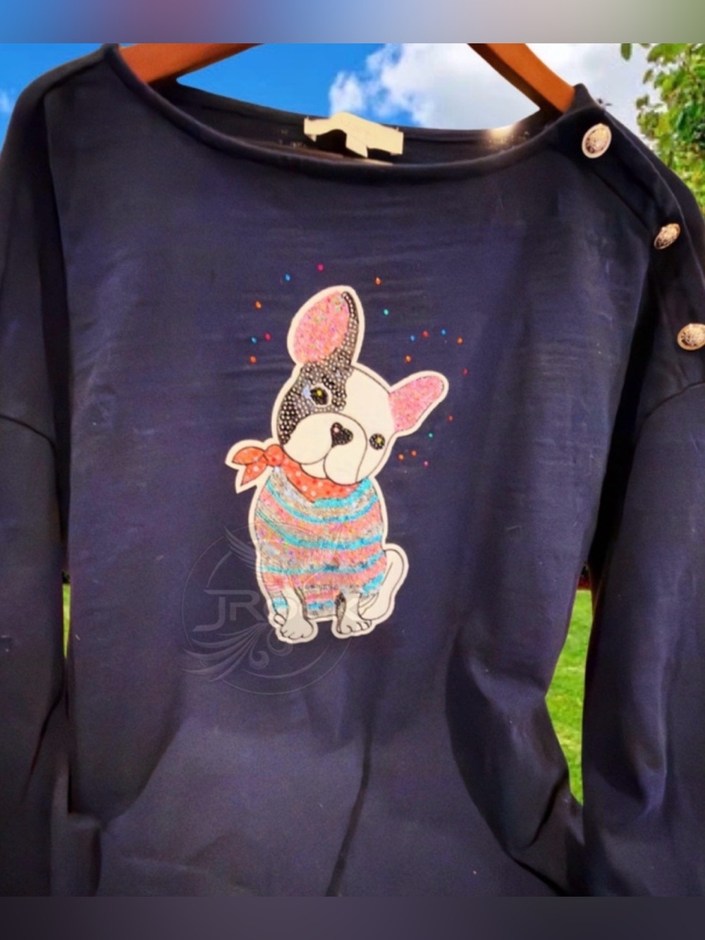 Bulldog Navy long sleeve top. Ptp 24 1/2”. 1 arm has Silver buttons at shoulder.